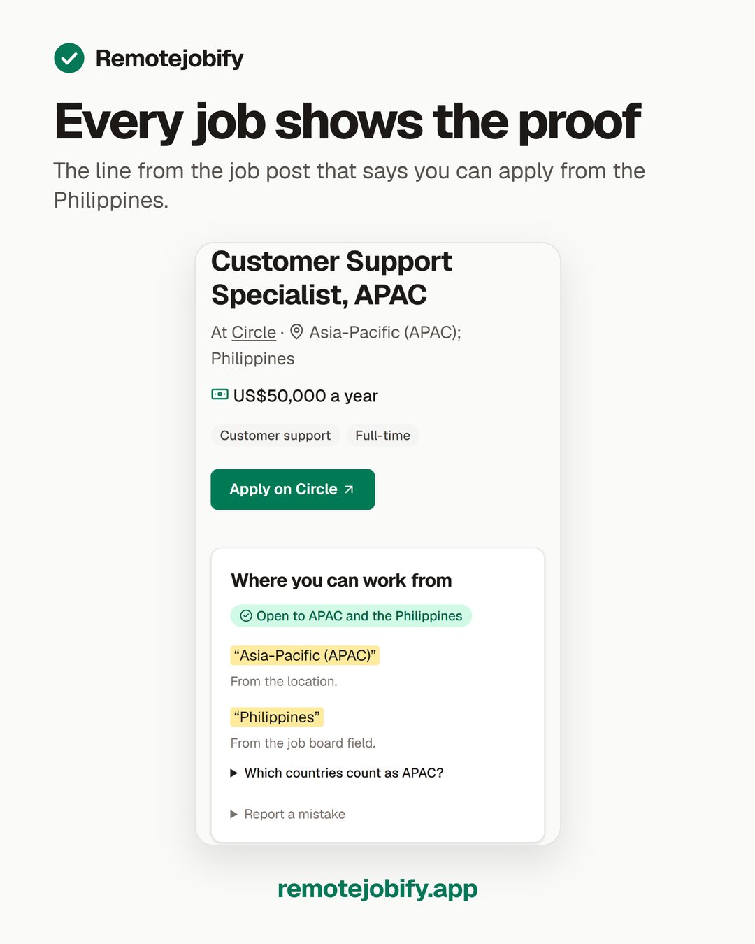Graphic mula sa Remotejobify: sample job listing na naka-highlight ang line mula sa job post na nagsasabing open ito sa APAC at sa Philippines