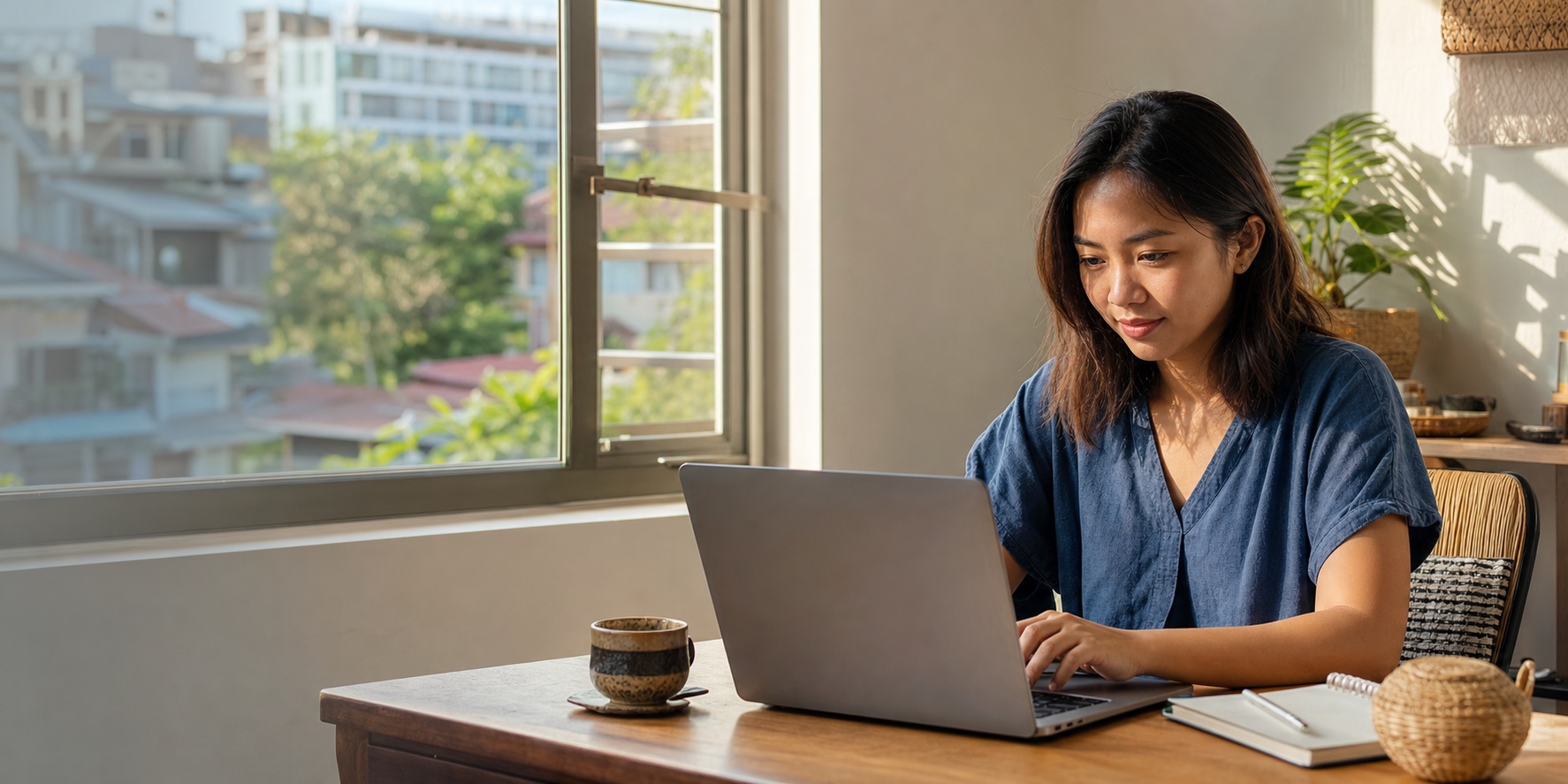 A Filipino remote worker beginning her day at a bright home workspace